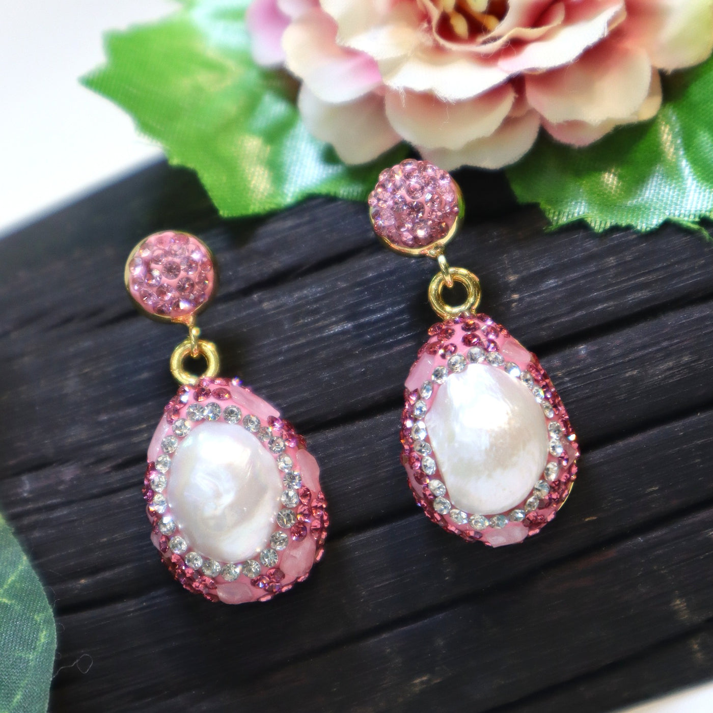 Pink Crystal and Baroque Pearl Teardrop Dangle Earrings - SIA451670