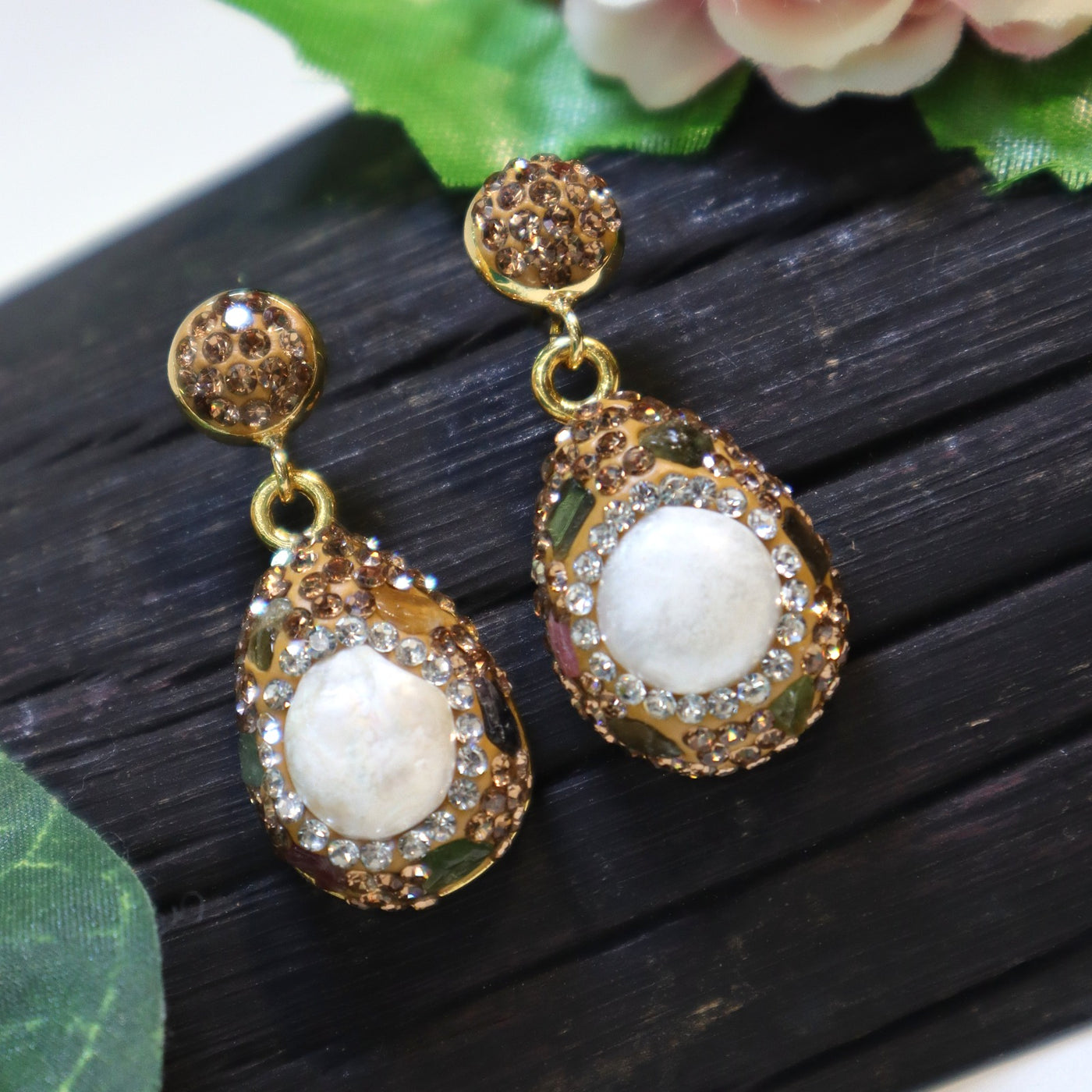 Golden Crystal and Baroque Pearl Teardrop Dangle Earrings - SIA451670_A