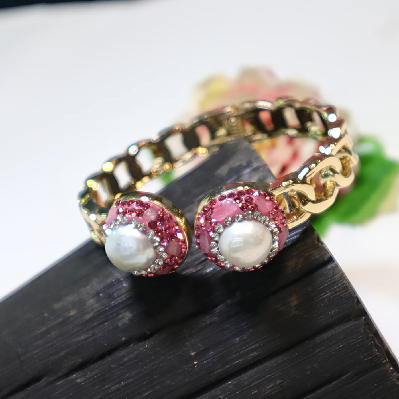 Baroque Pearl and Pink Rhinestone Open Bracelet - SIA451683