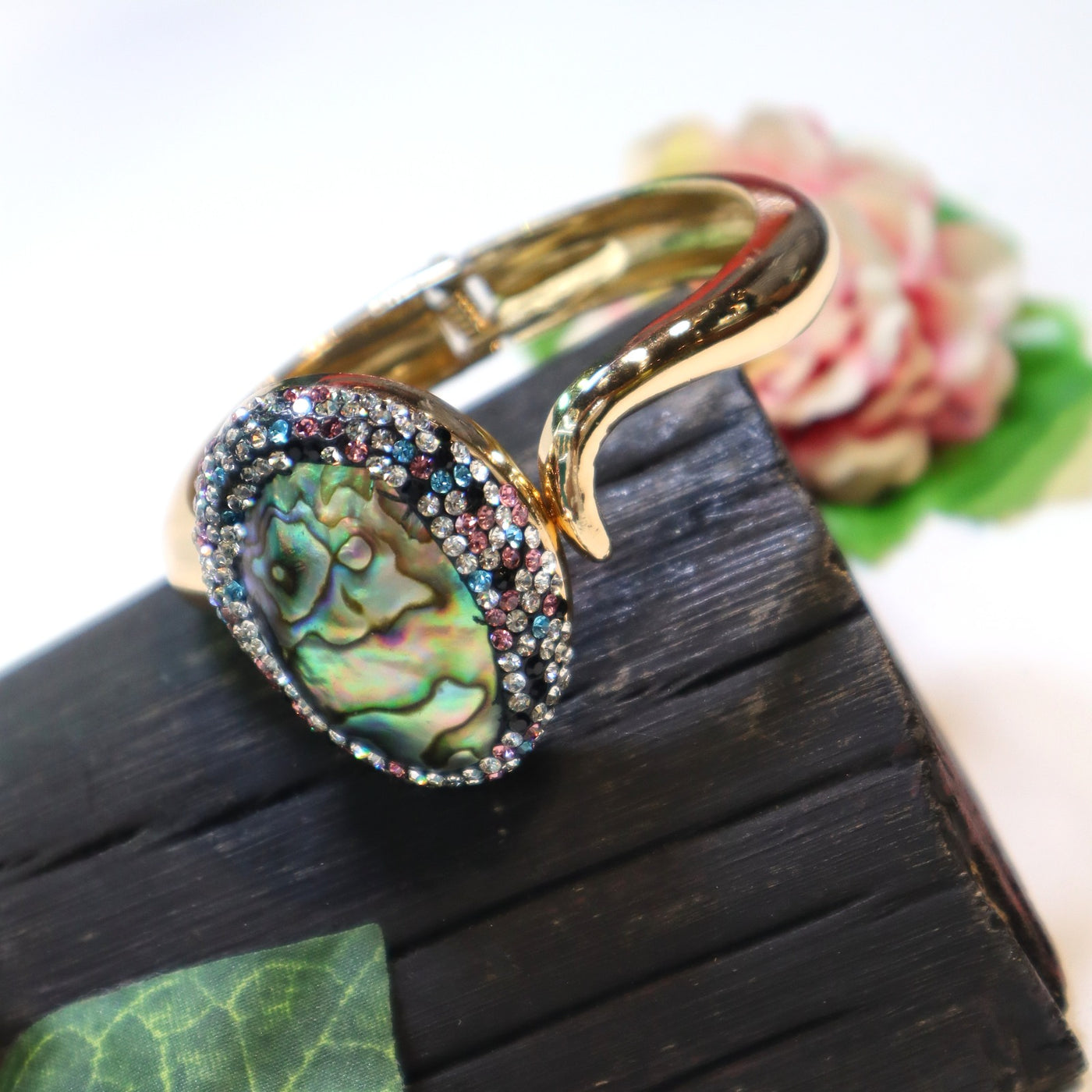 Gold-Tone Abalone Shell Cuff Bracelet with Multi-Color Crystal Halo - SIA451684