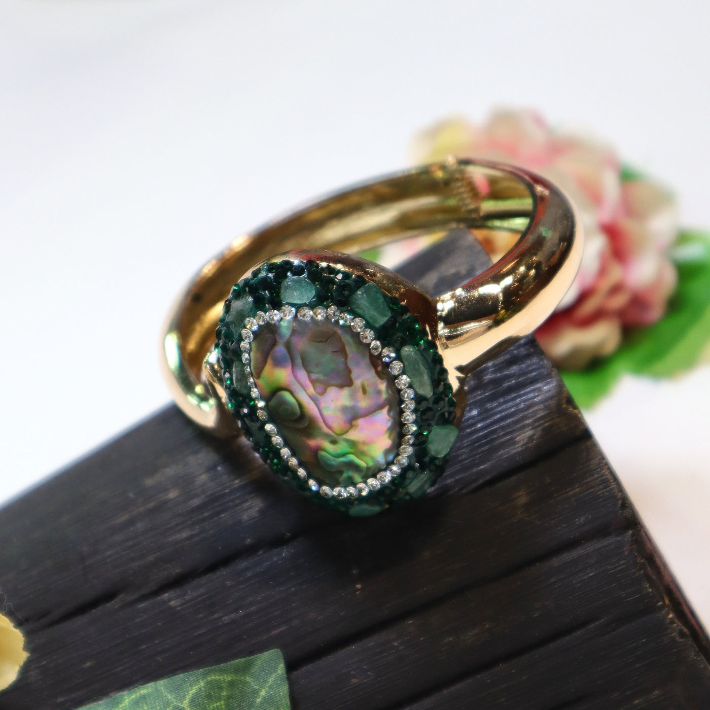 Gold-Tone Abalone Shell Cuff Bracelet with Green and Clear Crystal Halo - SIA451684_A