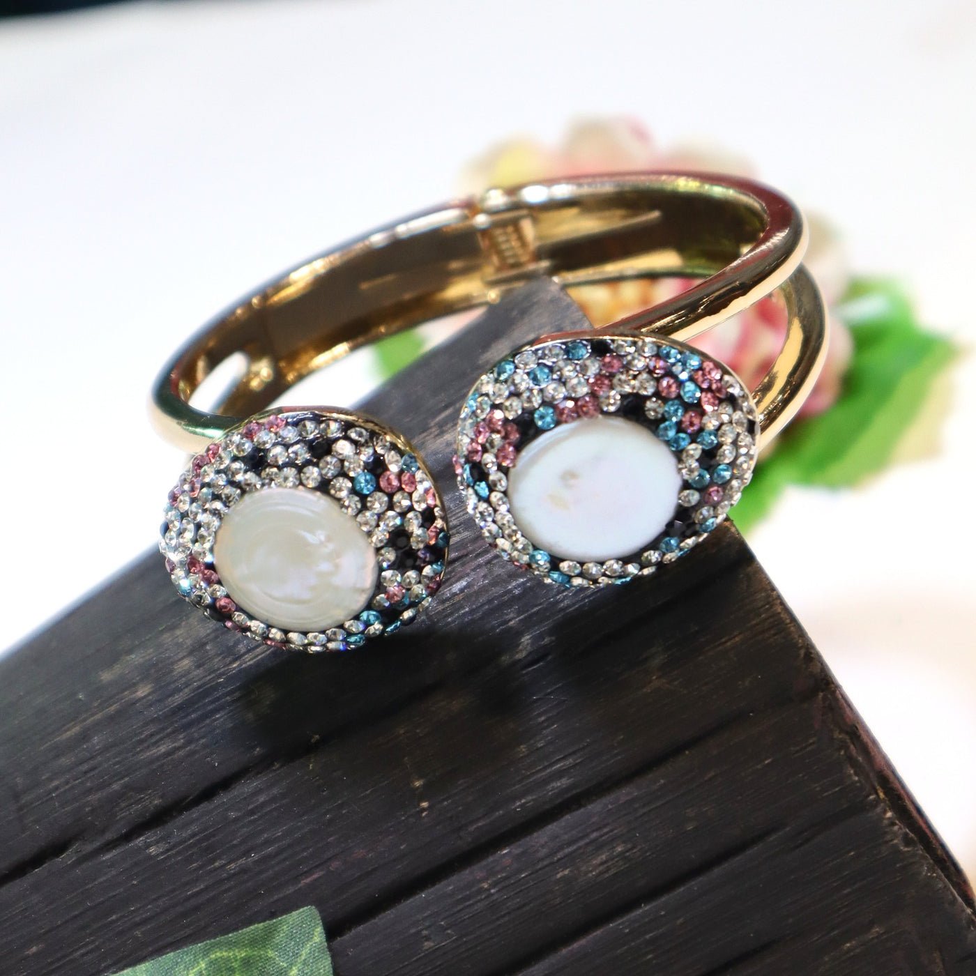 Baroque Pearl and Multi-Color Crystal Open Cuff Bracelet - SIA451688