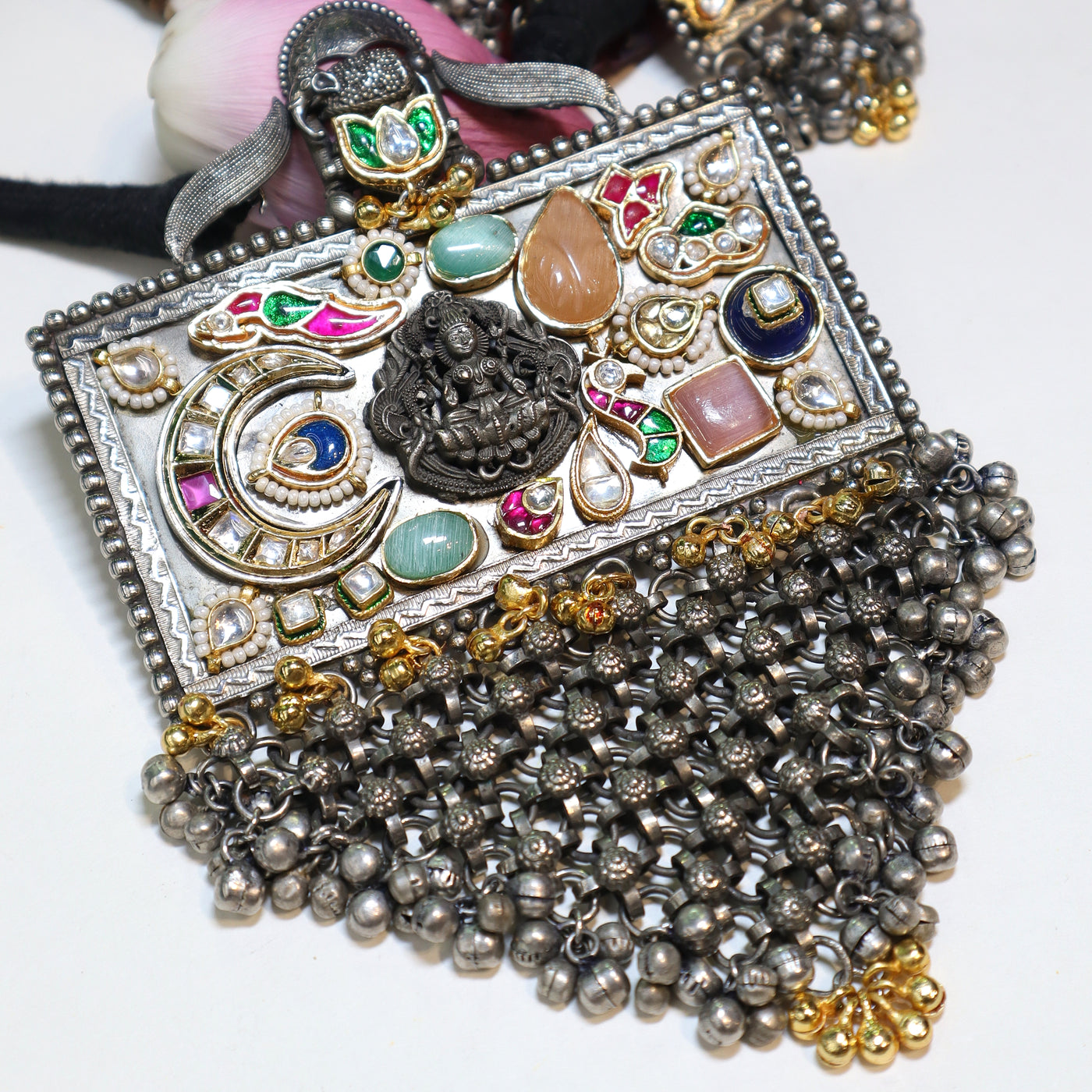 Oxidized Temple Ghungroo Necklace Set - SIA452014