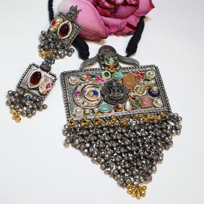 Oxidized Temple Ghungroo Necklace Set - SIA452014