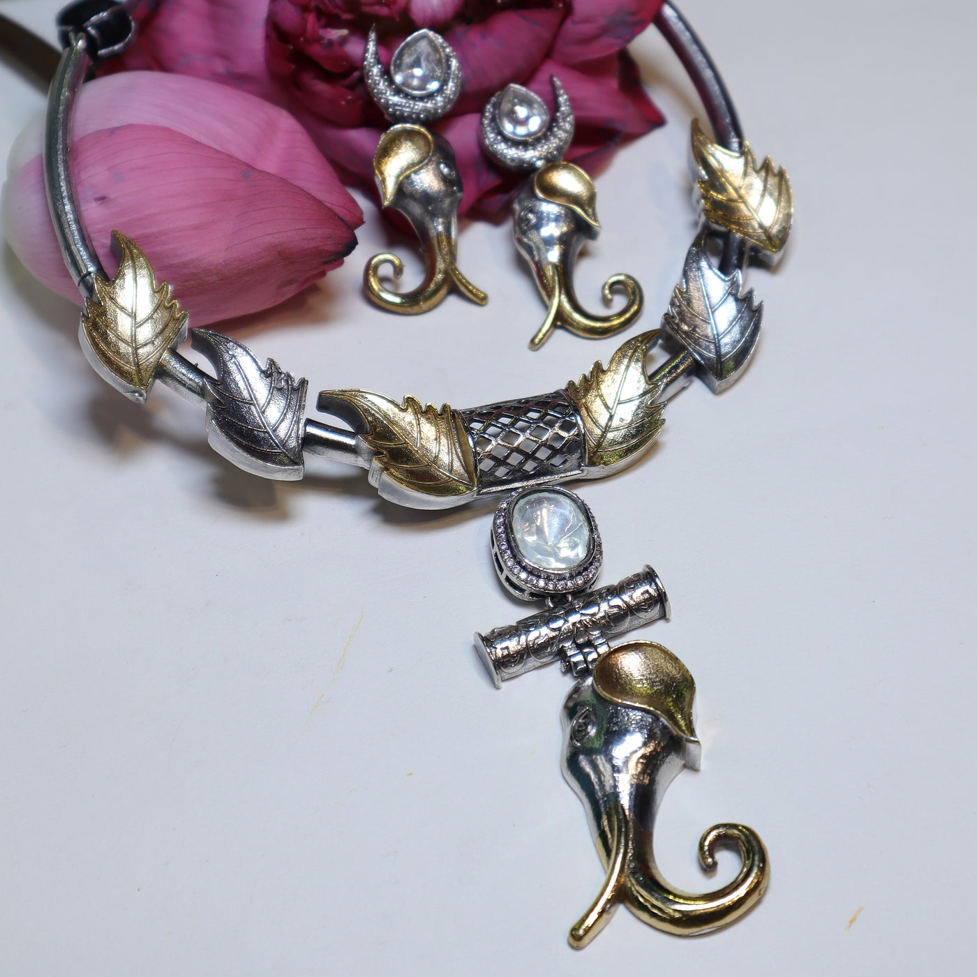 Silver & Gold Elephant Motif Necklace Set with Leaf Design - SIA452032