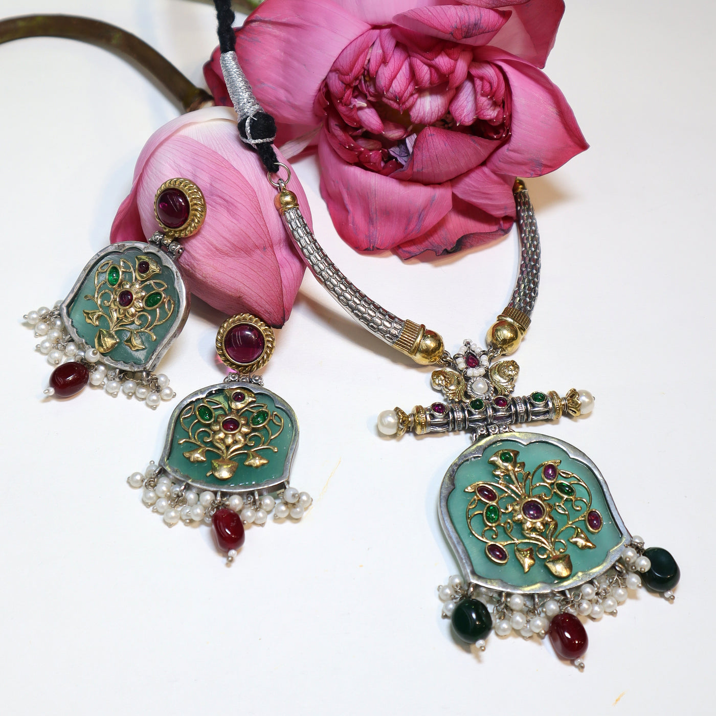 Dual-Tone Bell Necklace Set: Green Meenakari, Ruby & Pearl - SIA452052