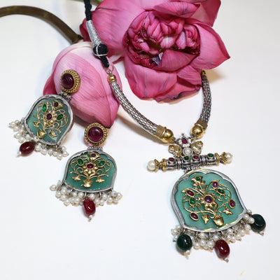 Dual-Tone Bell Necklace Set: Green Meenakari, Ruby & Pearl - SIA452052