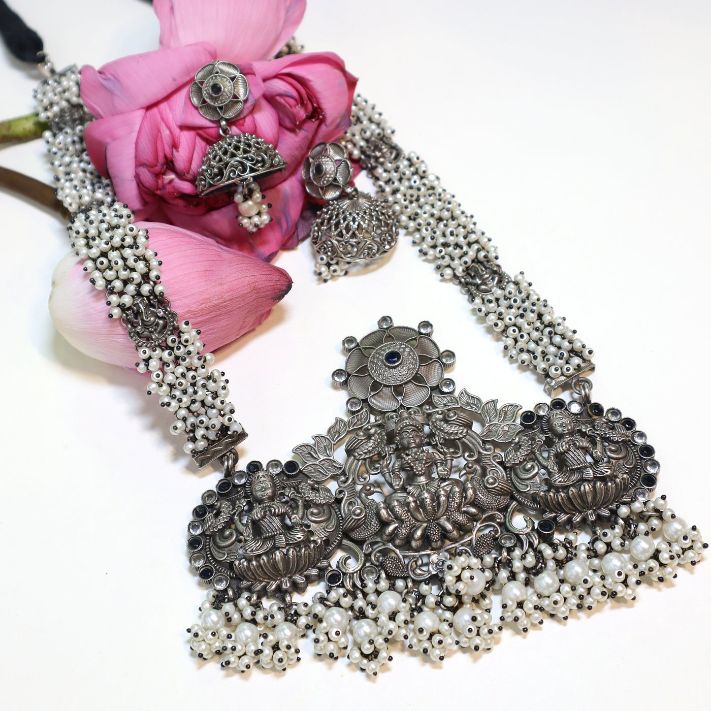 Oxidized Goddess Temple Pearl Necklace Set - SIA452085