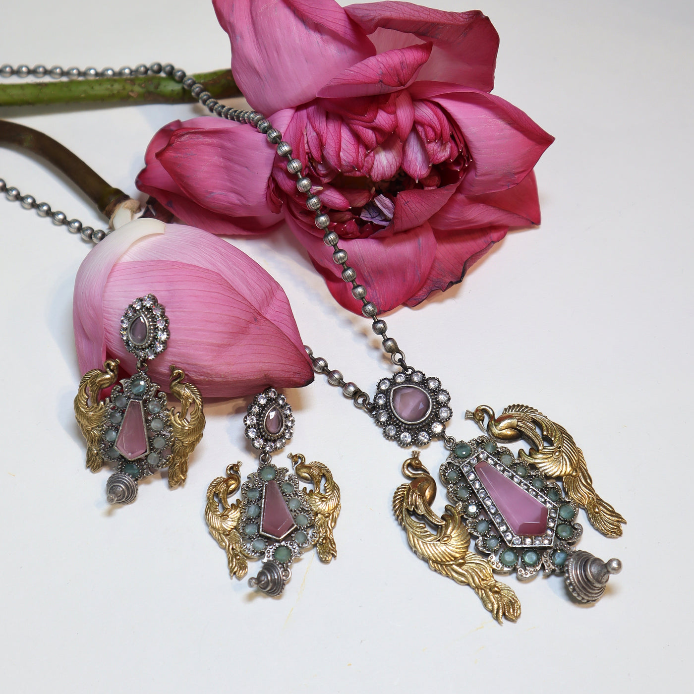 Pink & Green Peacock Antique Necklace Set - SIA452091