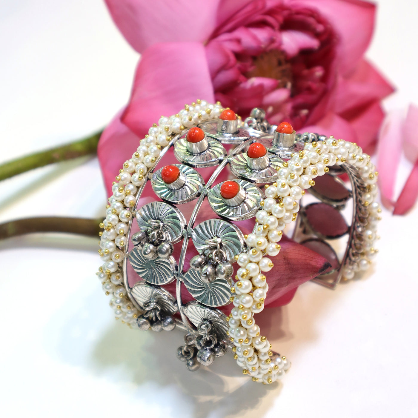 Oxidized Silver Pearl Cuff Bracelet - SIA452155