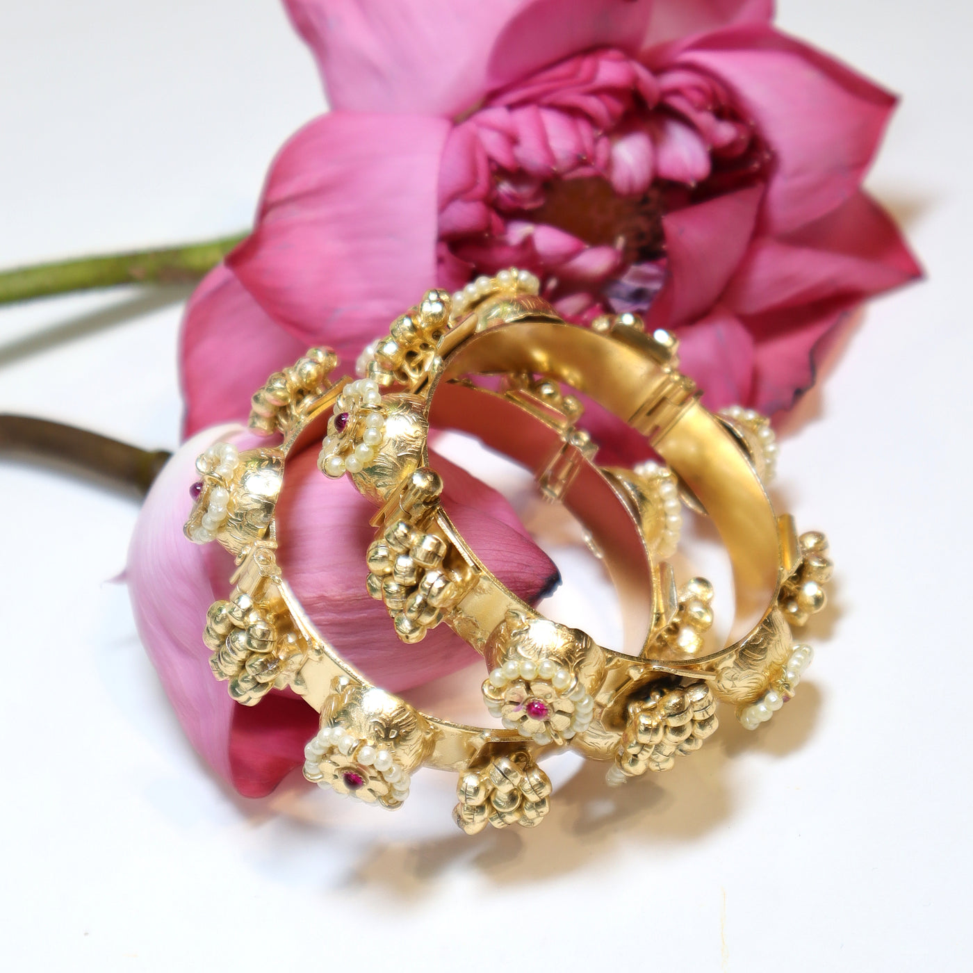 Traditional Gold-Toned Kada with Pearl & Ruby Floral Accents - SIA452167