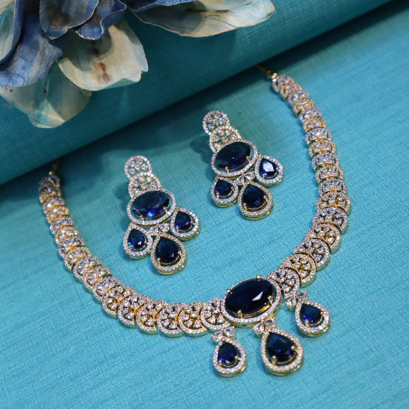 Gold-Plated Dark Blue CZ Necklace Set - SIA452311