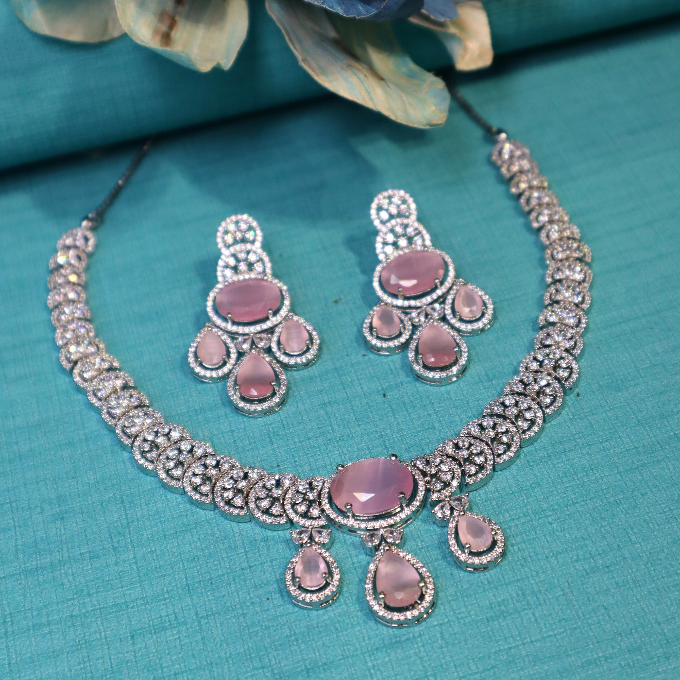 Pink Teardrop CZ Necklace Set - SIA452316