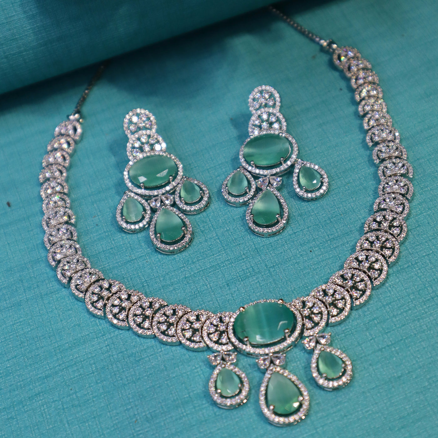 Rhodium Plated Blue CZ Necklace Set  - SIA452317