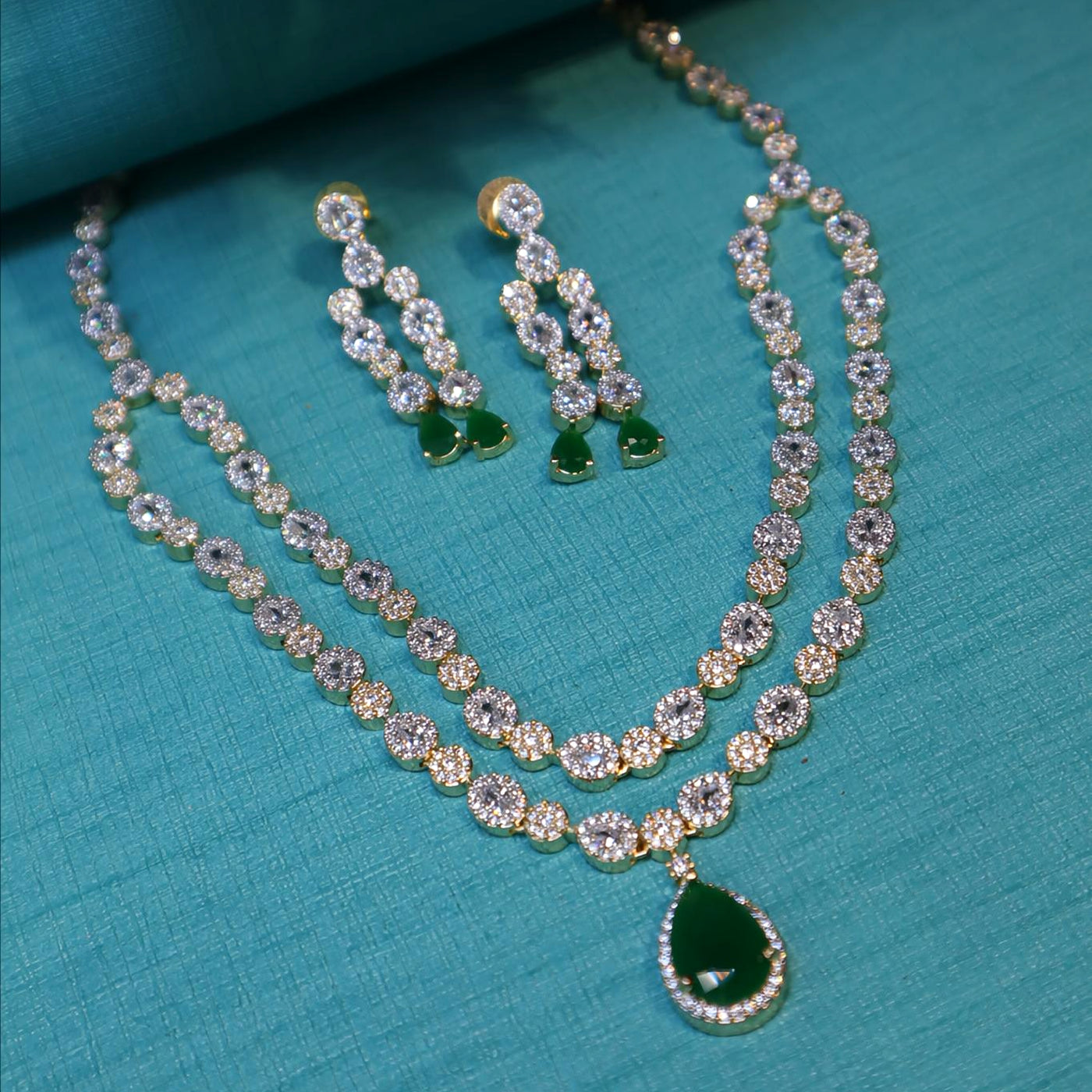 Gold-Plated CZ Double-Layered Green Necklace Set - SIA452320