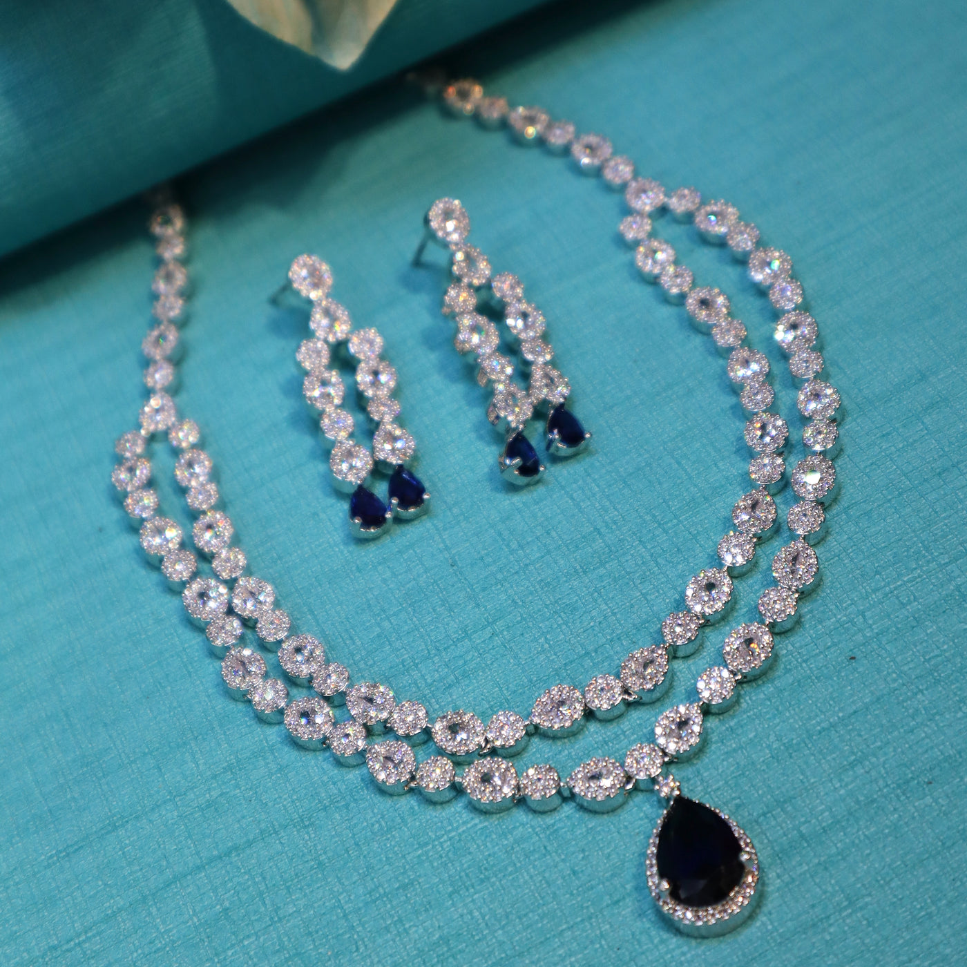 Rhodium-Plated Double-Layered CZ & Dark Blue Teardrop Necklace Set - SIA452325