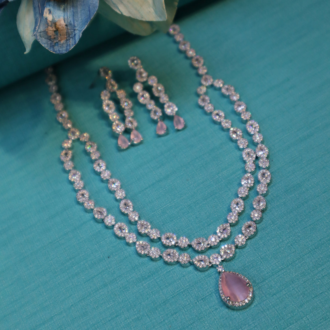 Rhodium-Plated Pink Teardrop CZ Necklace Set - SIA452326
