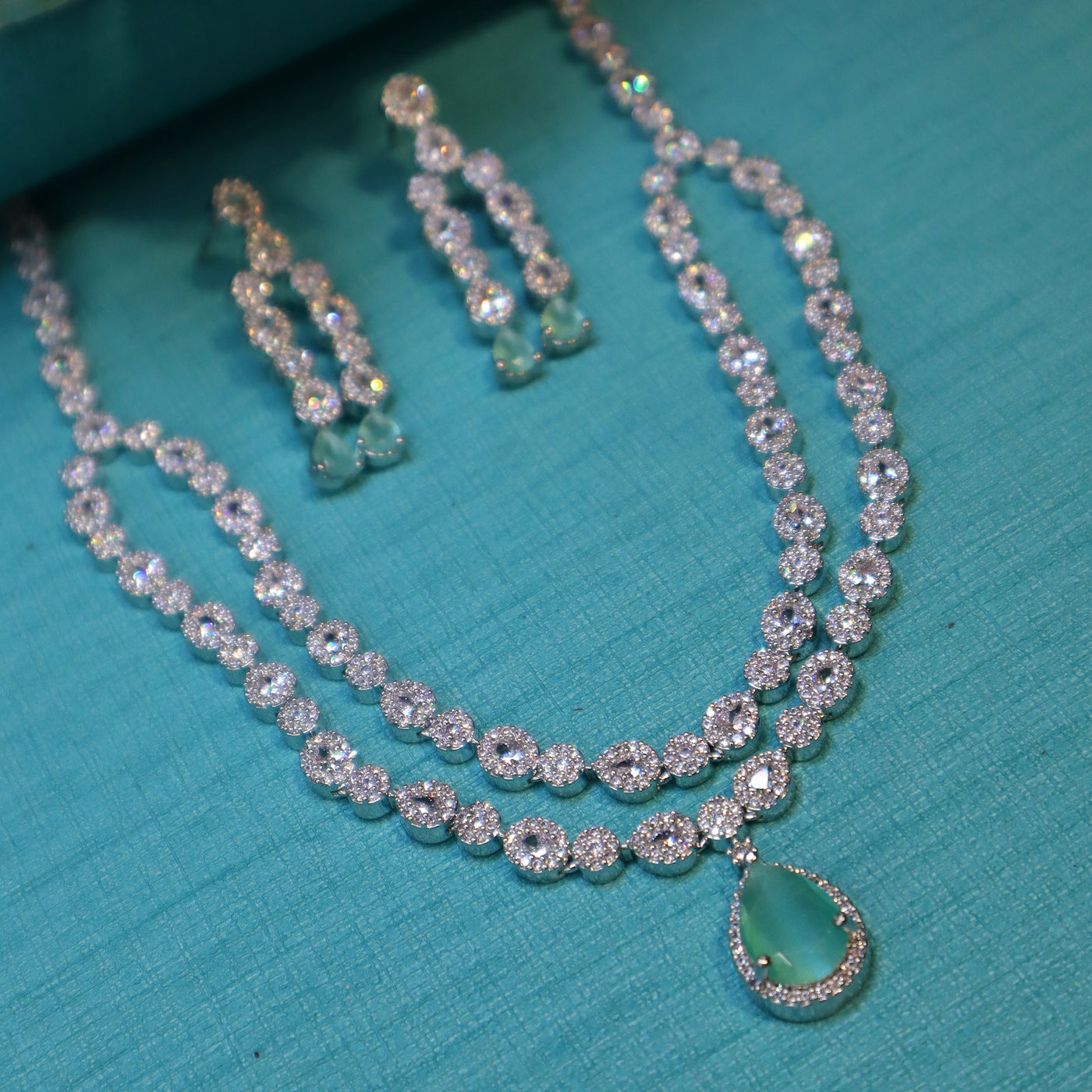 Rhodium-Plated Green CZ Double-Layered Necklace Set - SIA452327
