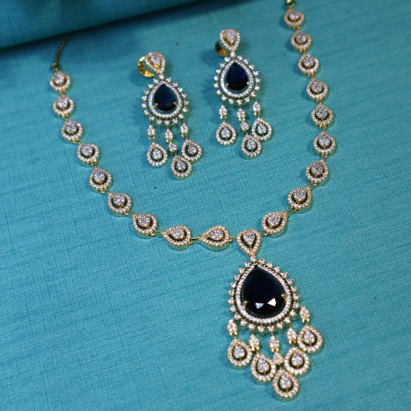 Gold-Plated Dark Blue & CZ Teardrop Necklace Set - SIA452332