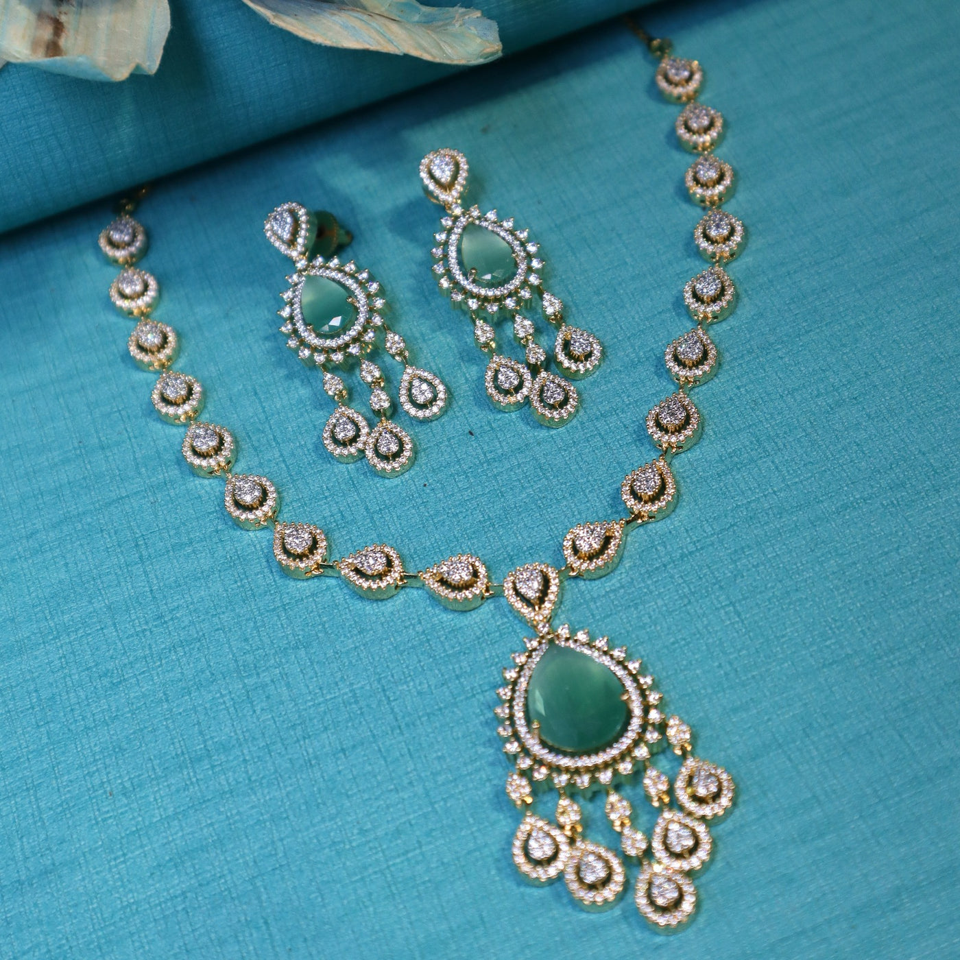 Green CZ Teardrop Necklace Set - SIA452334