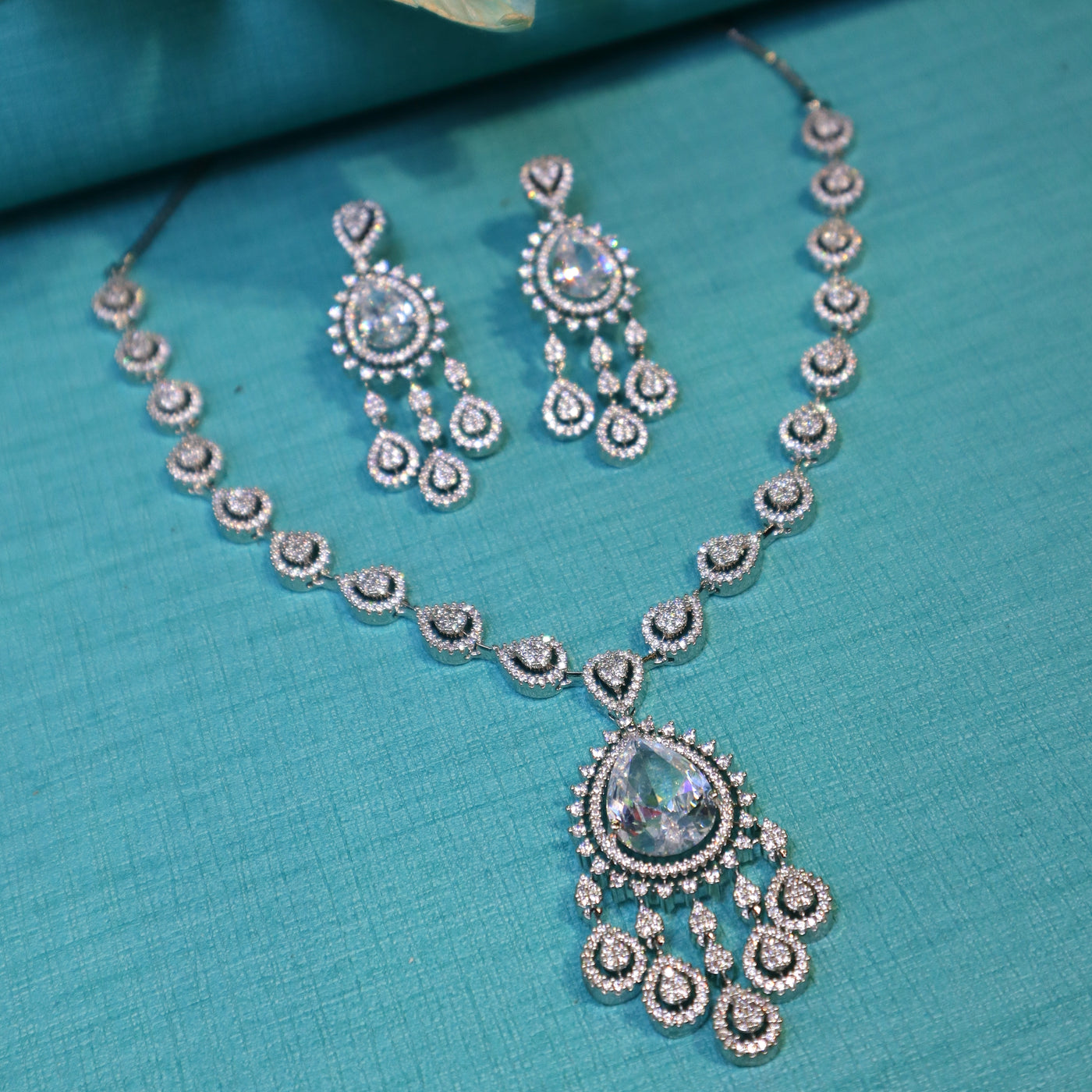 Rhodium-Plated CZ Teardrop Necklace Set with Dangler Earrings - SIA452335