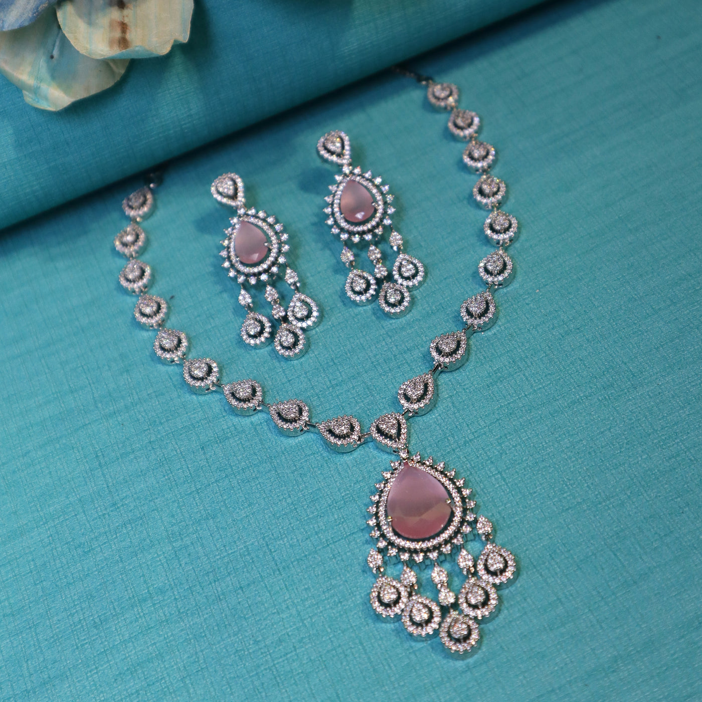 Rhodium-Plated Pink CZ &Teardrop Necklace set - SIA452337