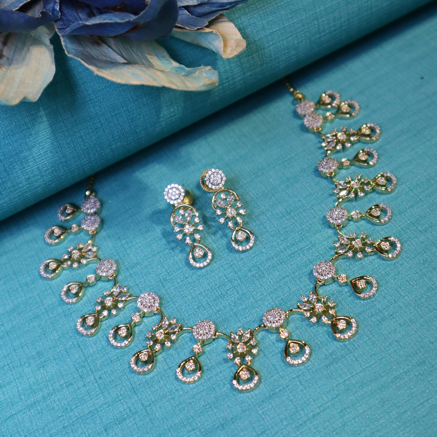 Gold Teardrop Floral Necklace Set with CZ Stones - SIA452339