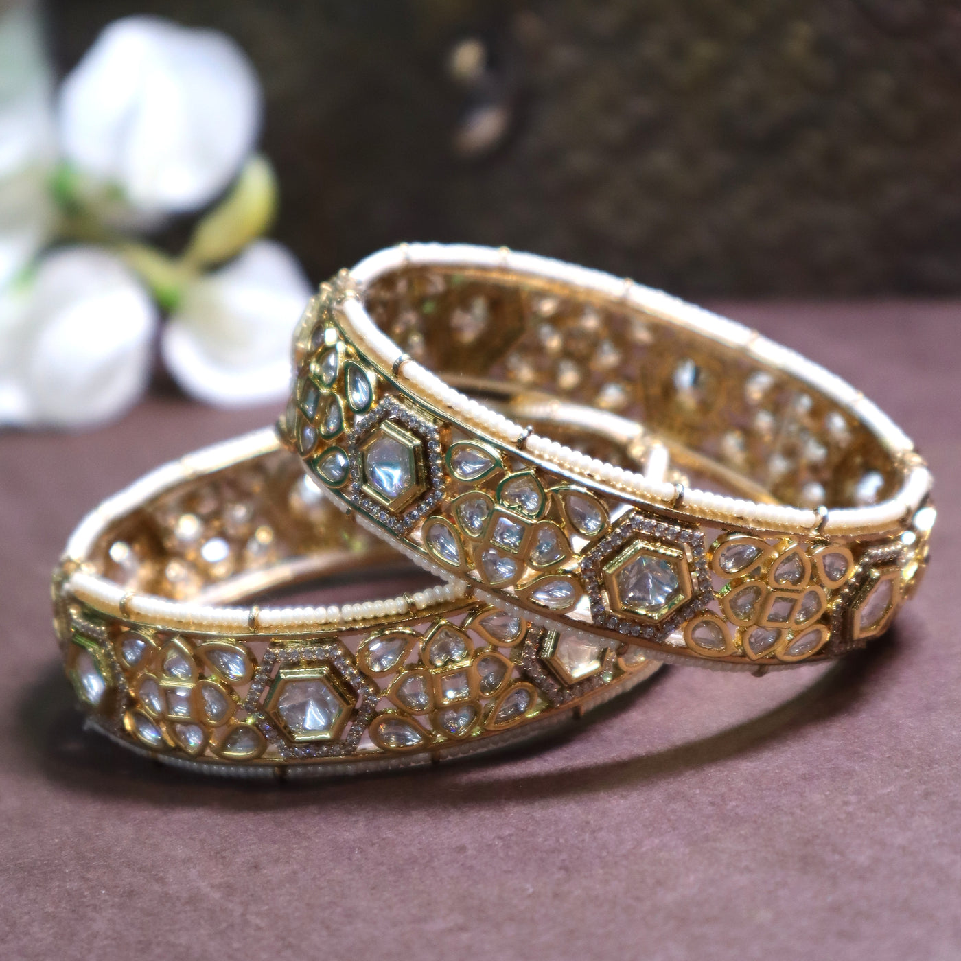 Antique Gold-Toned Floral Kundan Bangles with White Stone - SIA452445