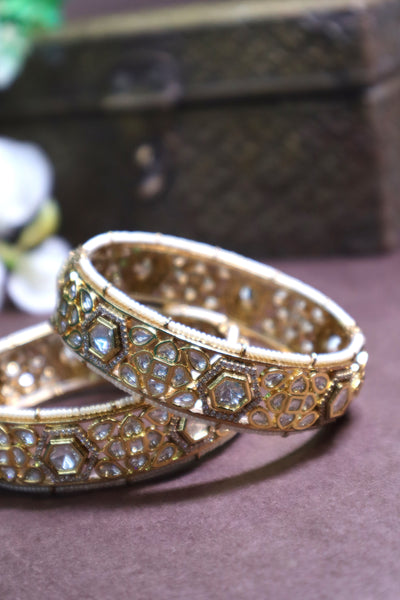 Antique Gold-Toned Floral Kundan Bangles with White Stone - SIA452445