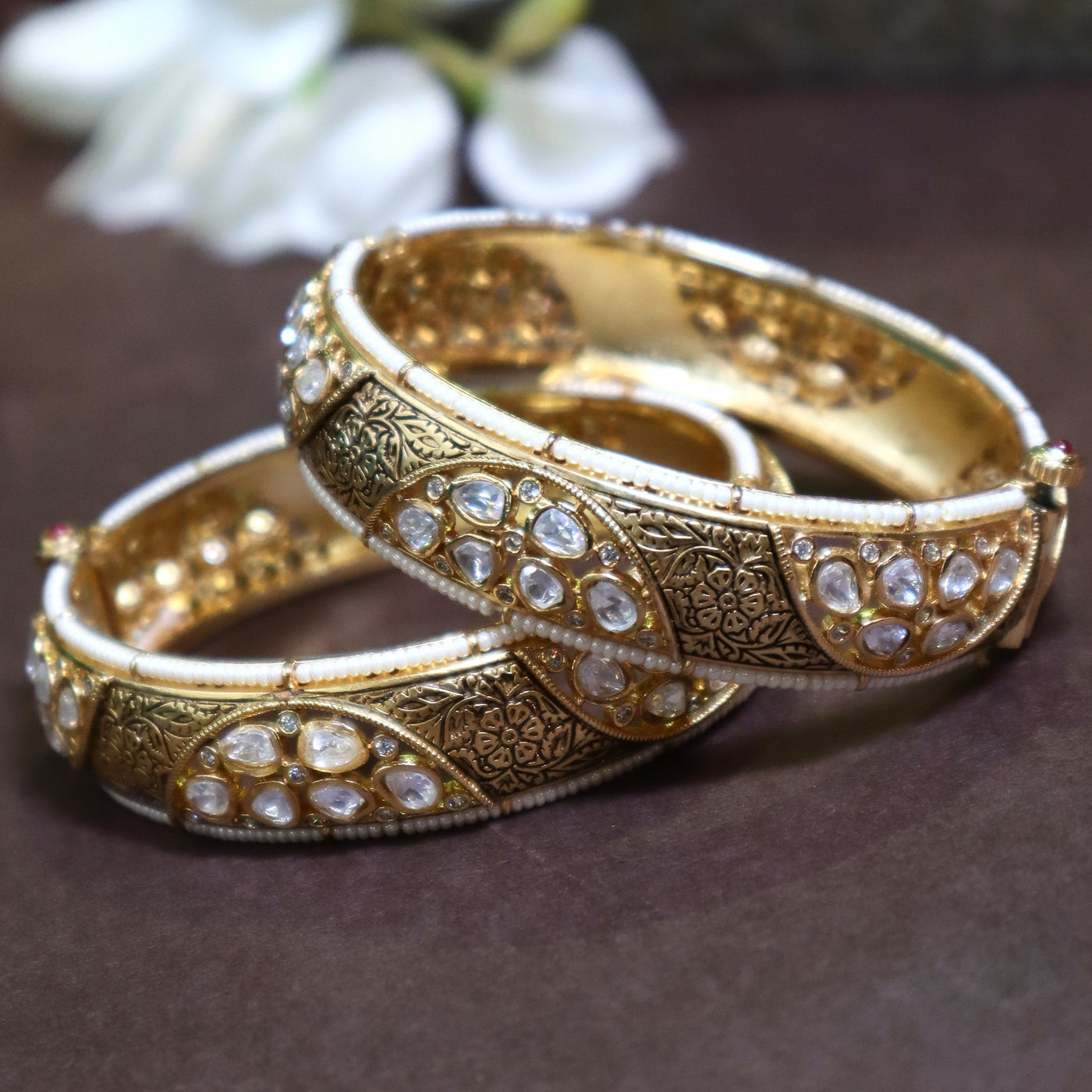 Antique Gold-Toned Floral Kundan Bangles with White Stone - SIA452453