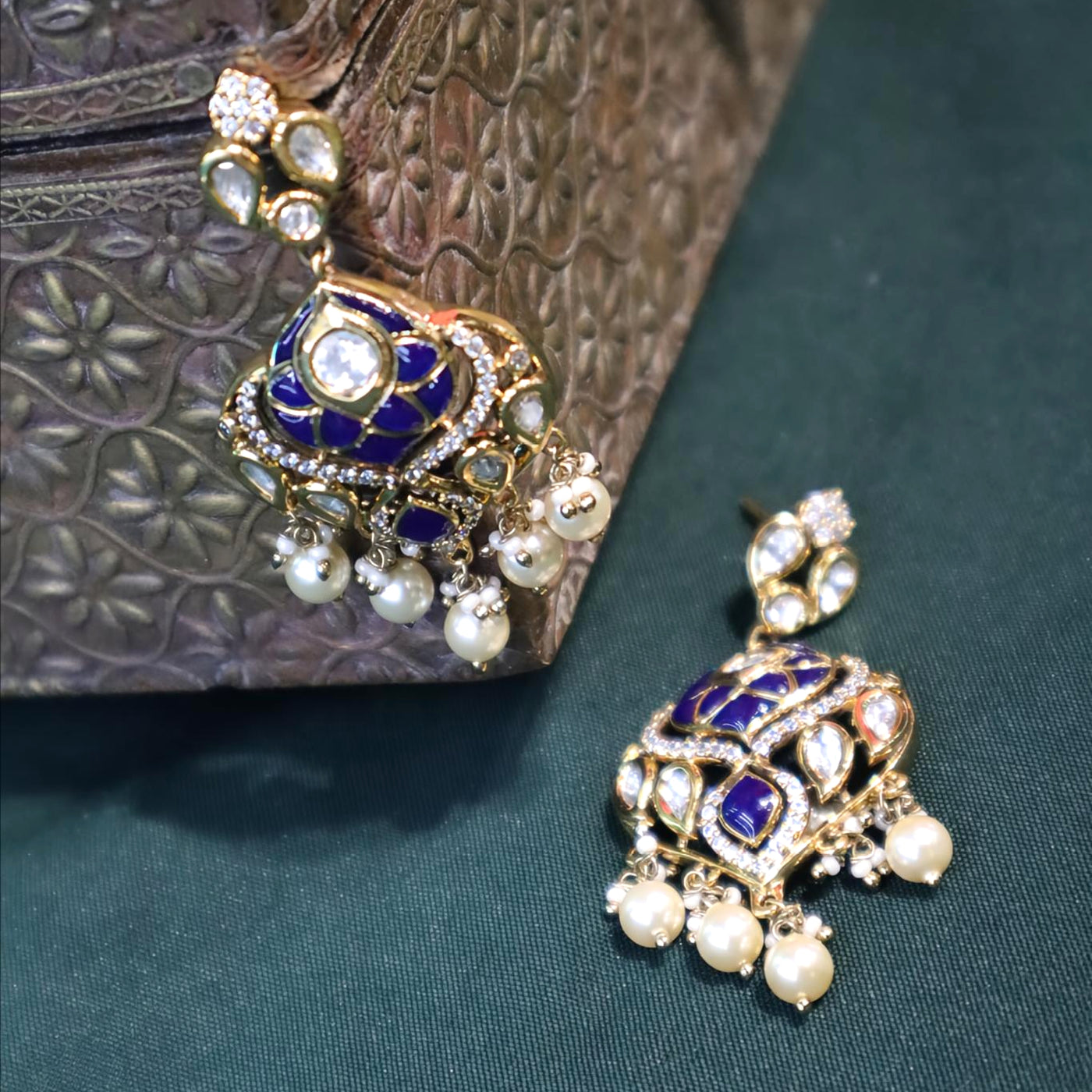Royal Blue Meenakari Chandbali Earrings - SIA452518