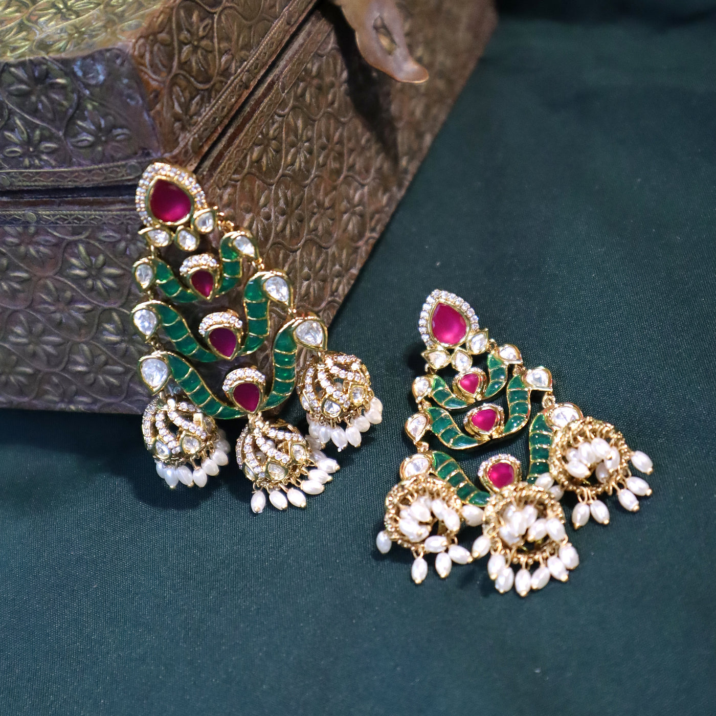 Jadau Kundan Earrings with Ruby and Green Enamel - SIA452563
