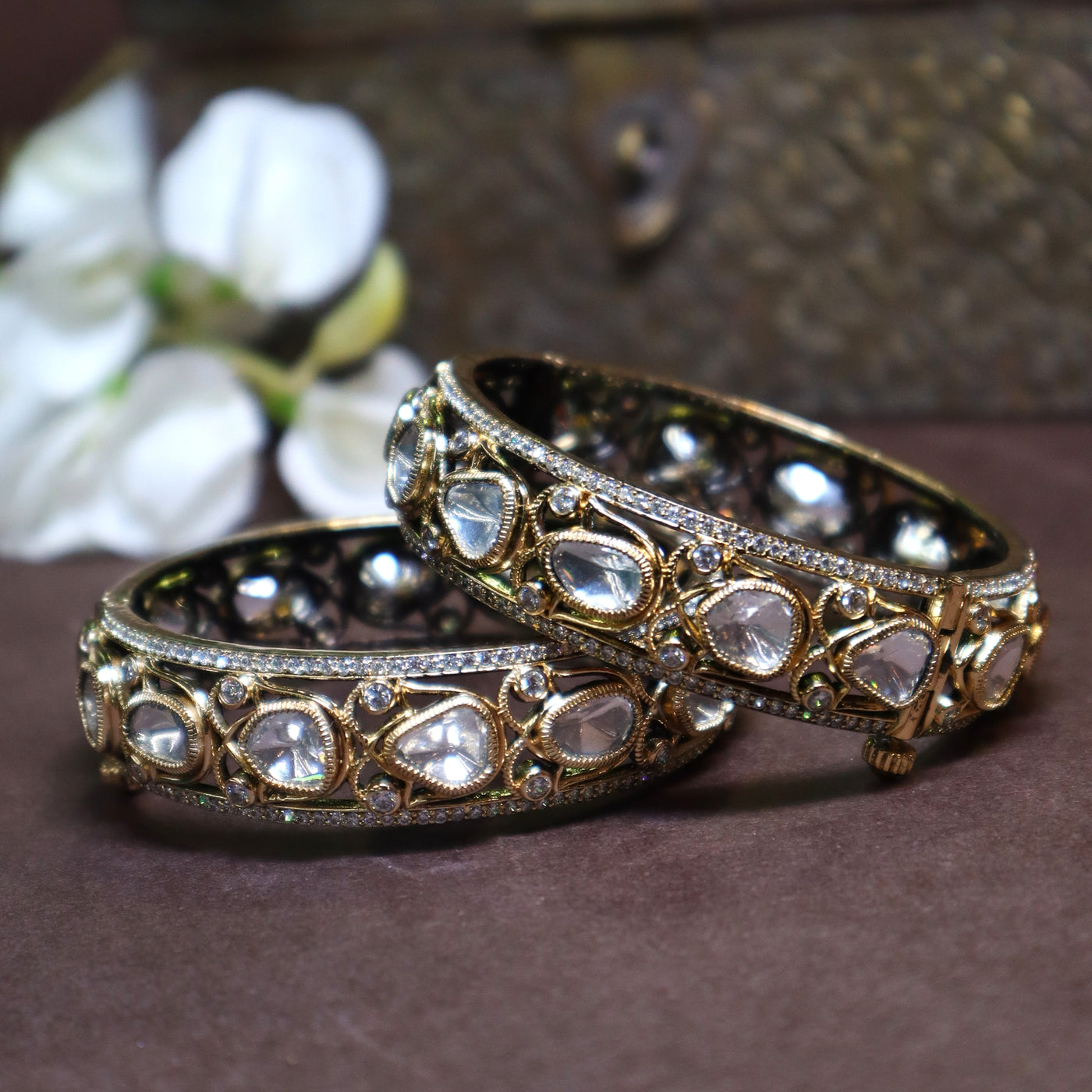 Gold-Plated Polki Kundan Bangles with Clear Stones - SIA452581