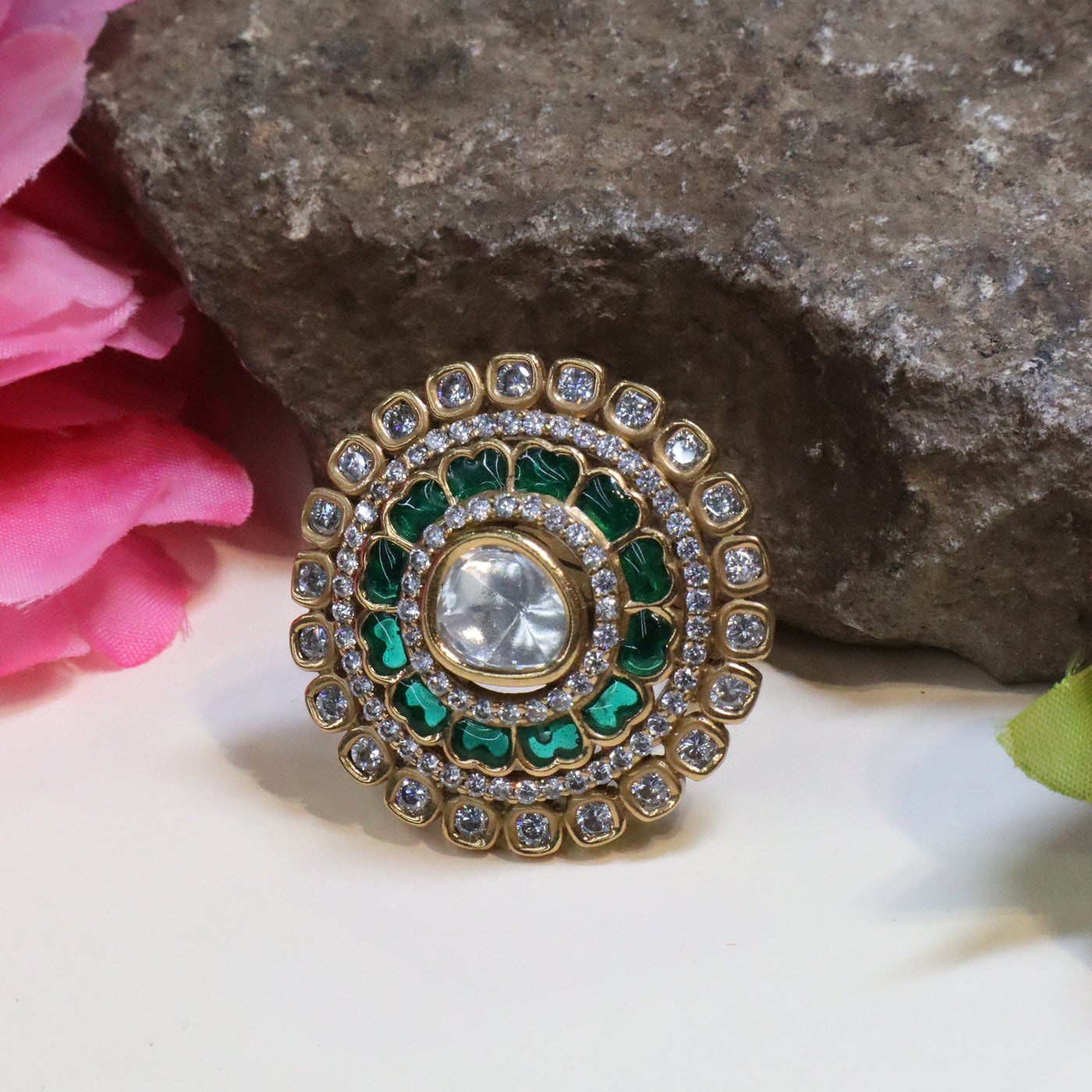 Gold-Toned Round Kundan and Meenakari Ring - SIA452585