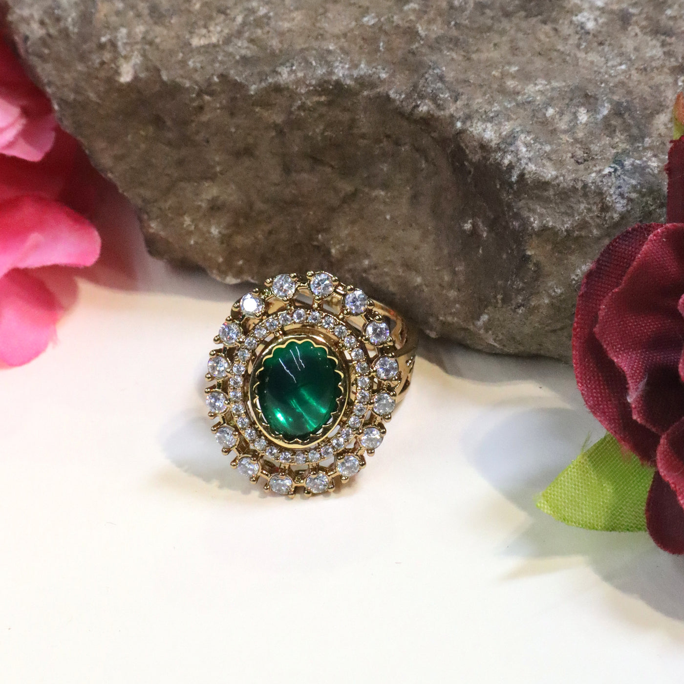 Gold-Toned Round Green Stone Adjustable Ring - SIA452593