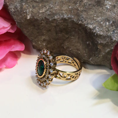 Gold-Toned Round Green Stone Adjustable Ring - SIA452593