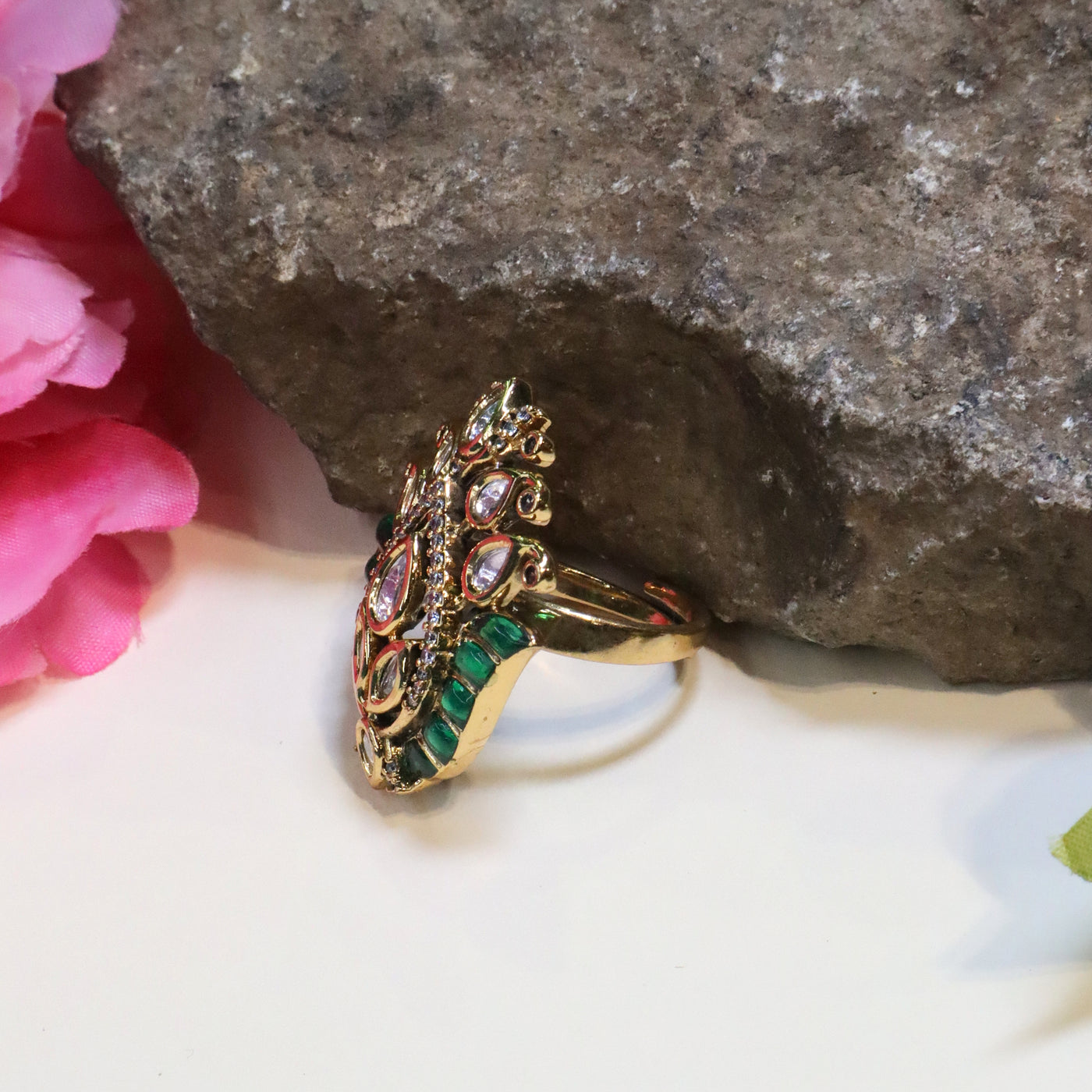 Gold-Toned Kundan and Polki Floral Ring with Green Enamel - SIA452596