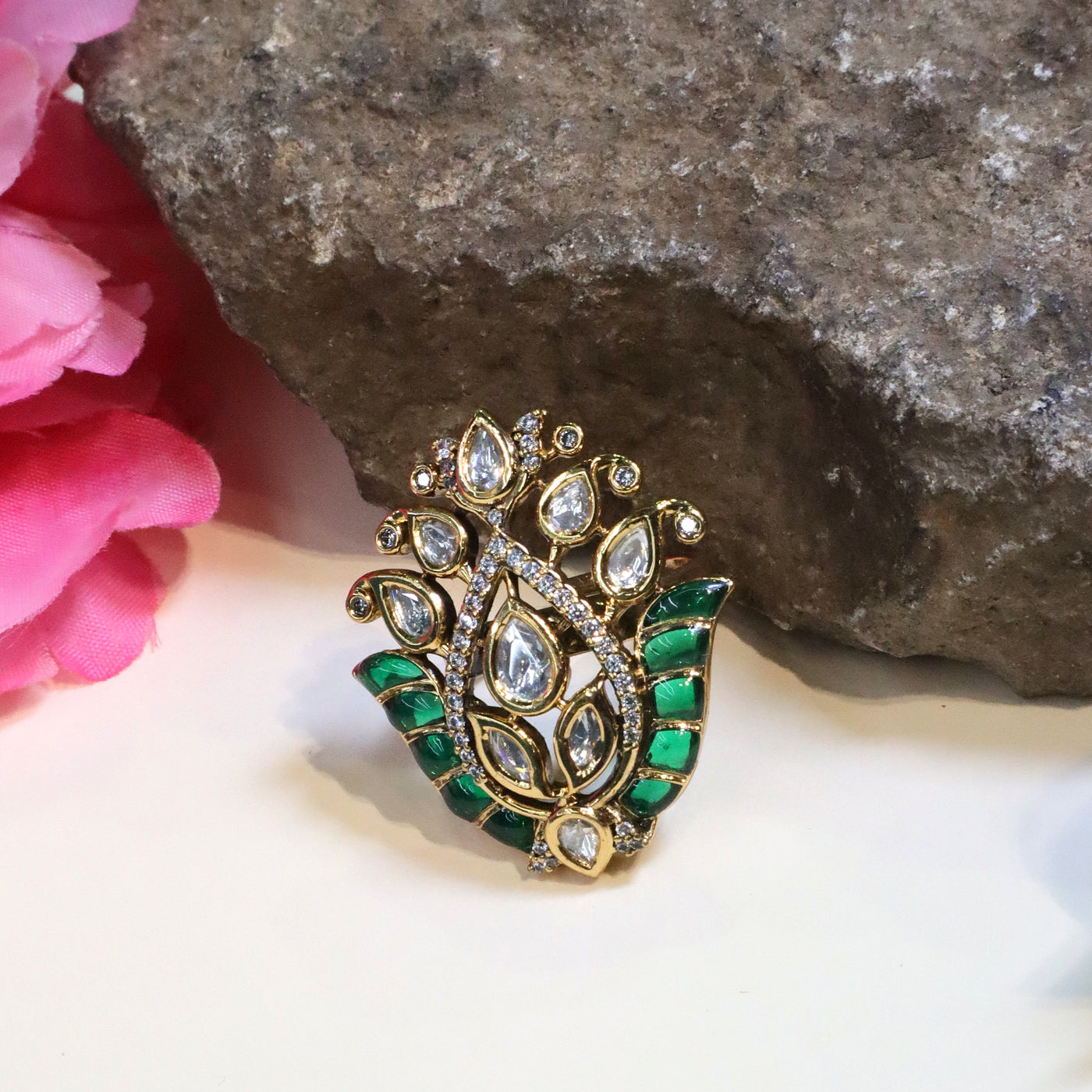Gold-Toned Kundan and Polki Floral Ring with Green Enamel - SIA452596