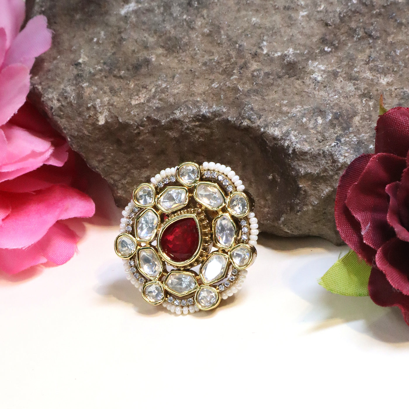 Gold-Toned Round Kundan Ring with Red Stone - SIA452598