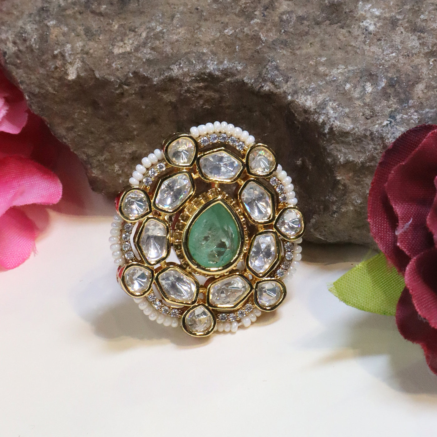 Gold-Toned Kundan and Polki Floral Ring with Beaded Border - SIA452599