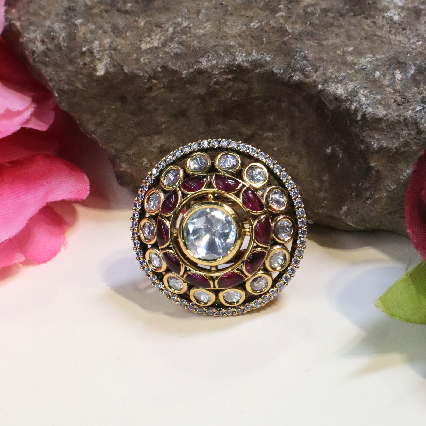 Gold-Toned Round Kundan Ring with Ruby and Clear Stones - SIA452603