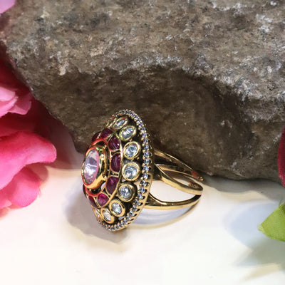 Gold-Toned Round Kundan Ring with Ruby and Clear Stones - SIA452603