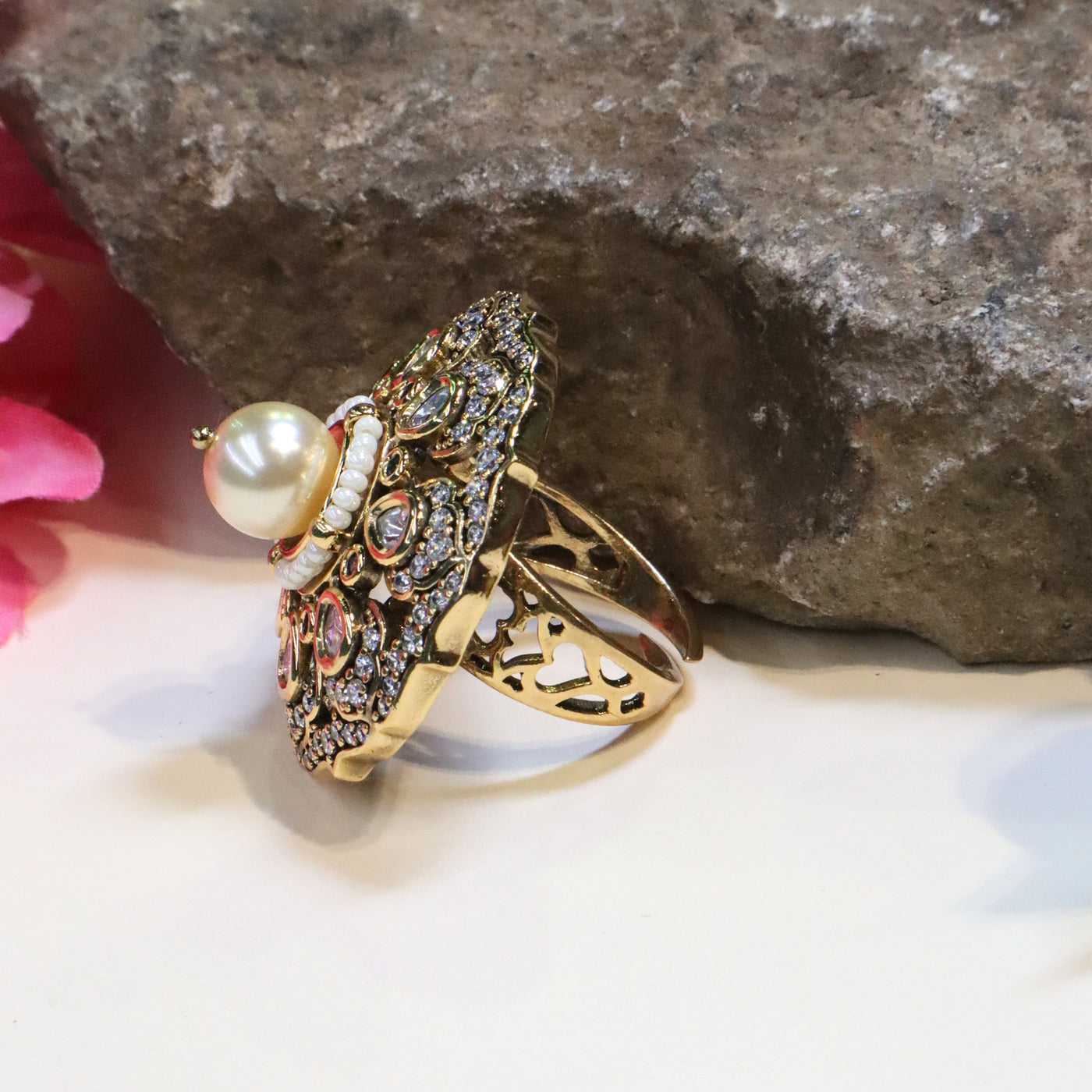 Gold-Toned Kundan and Polki-Style Pearl Ring - SIA452608