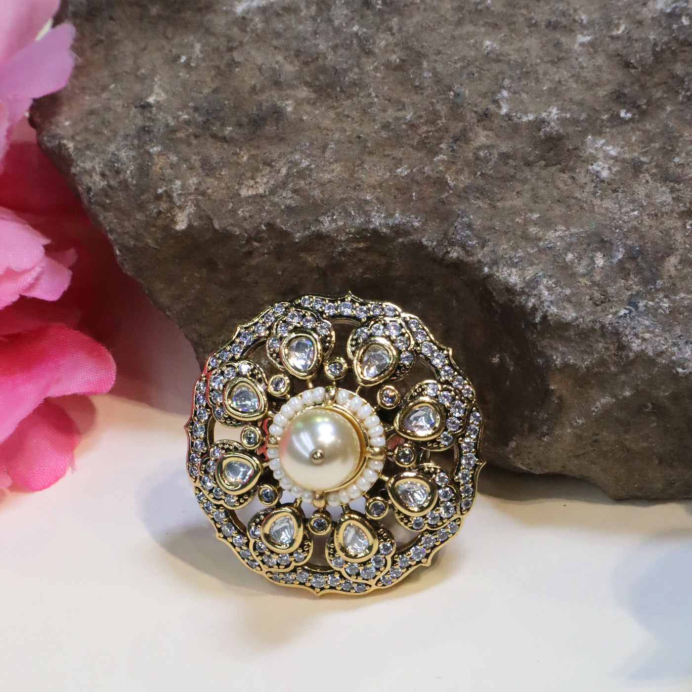 Gold-Toned Kundan and Polki-Style Pearl Ring - SIA452608