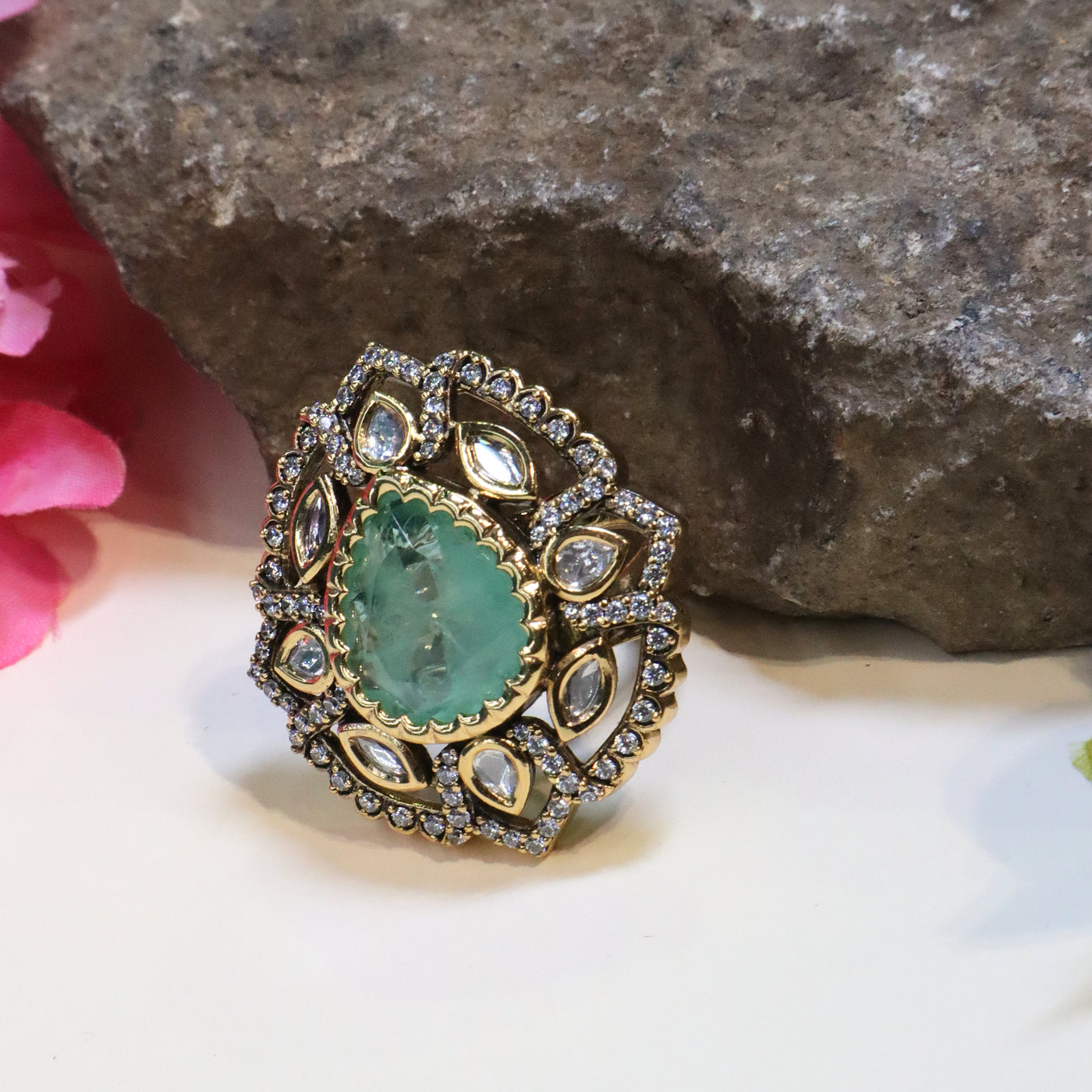 Gold-Toned Floral Kundan and Polki Ring with Green Stone - SIA452620