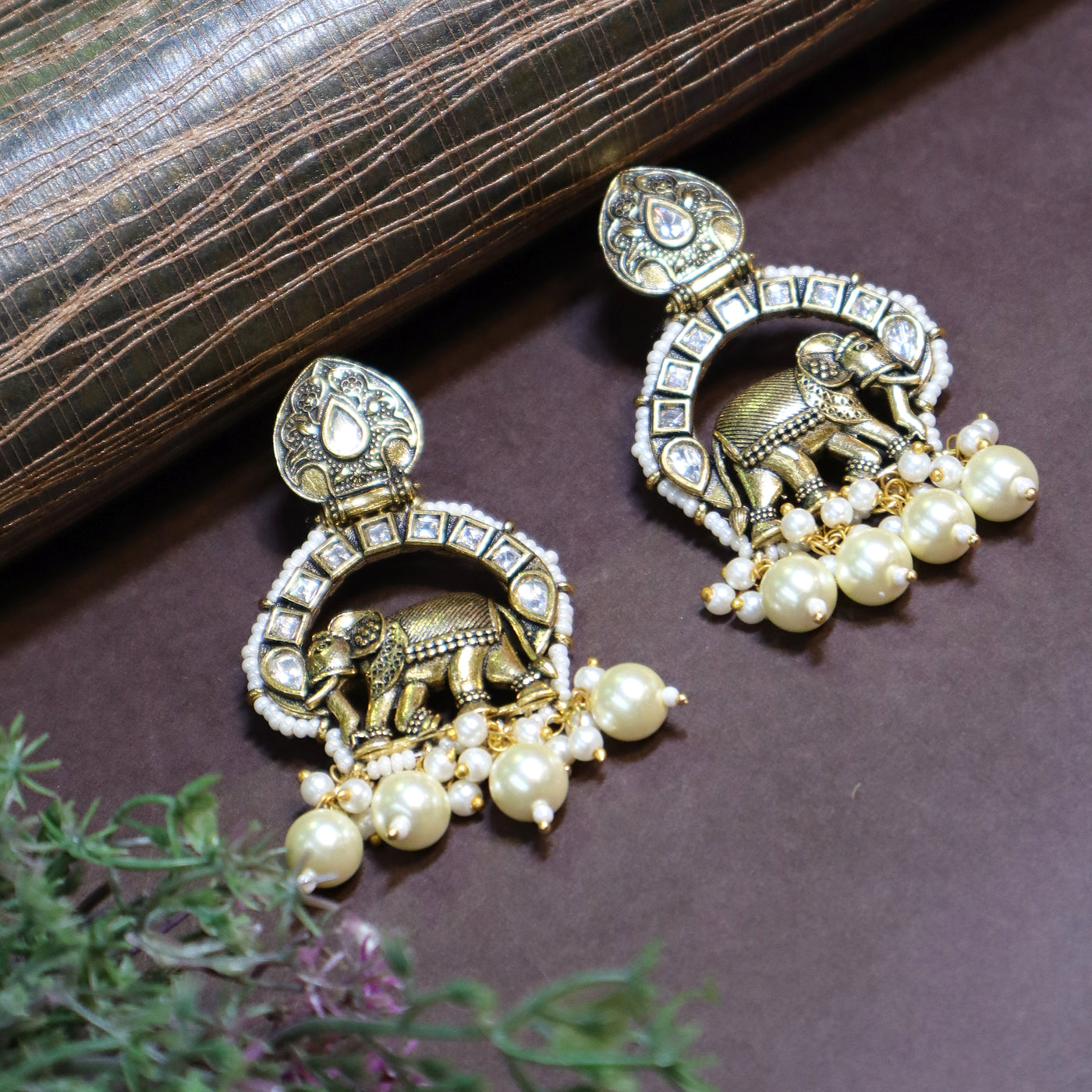 Antique Gold Elephant Motif Chandbali Earrings with Pearl Drops - SIA452756