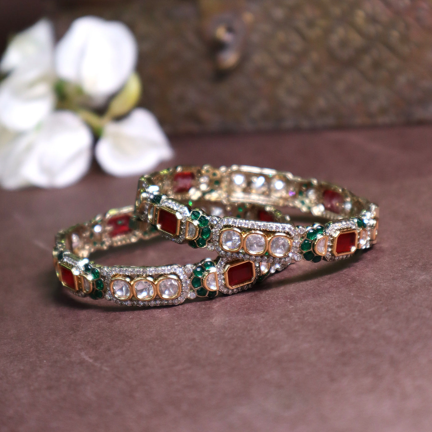 Gold Finish Kundan Bangles with Red and Green Stones - SIA452996