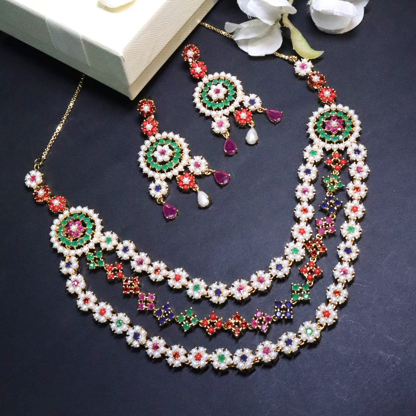 Triple - String Flower Motif Necklace in Green, Red & White - SIA453024