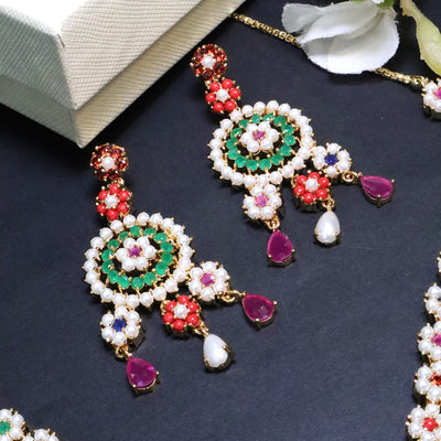 Triple - String Flower Motif Necklace in Green, Red & White - SIA453024