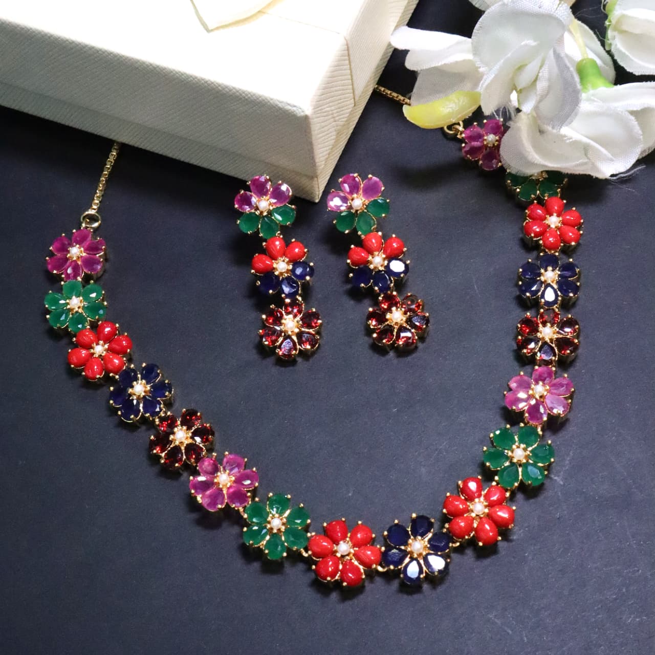 Gemstone Flower Link Necklace & Earrings - SIA453041